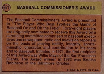 1972 Topps #621 Commissioners Award Back