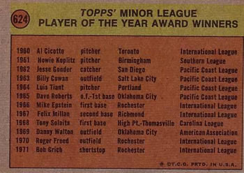 1972 Topps #624 Minor League Player of the Year Award Back
