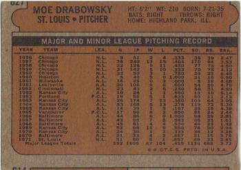 1972 Topps #627 Moe Drabowsky Back