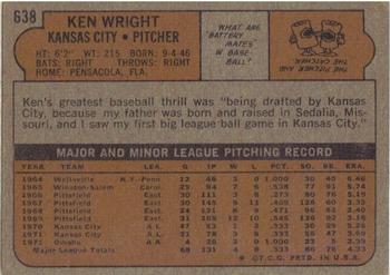 1972 Topps #638 Ken Wright Back