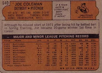 1972 Topps #640 Joe Coleman Back