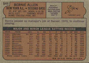 1972 Topps #644 Bernie Allen Back