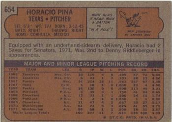 1972 Topps #654 Horacio Pina Back