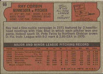 1972 Topps #66 Ray Corbin Back