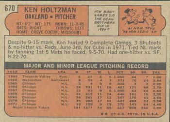 1972 Topps #670 Ken Holtzman Back
