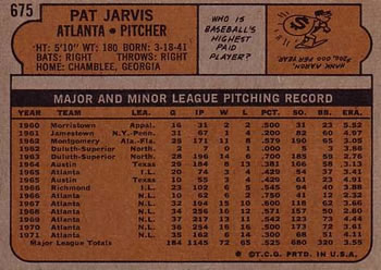 1972 Topps #675 Pat Jarvis Back