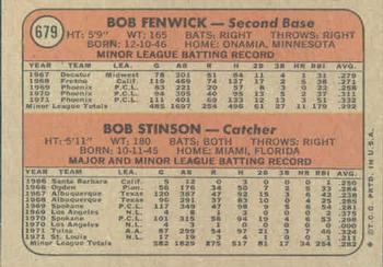 1972 Topps #679 Astros 1972 Rookie Stars (Bob Fenwick / Bob Stinson) Back