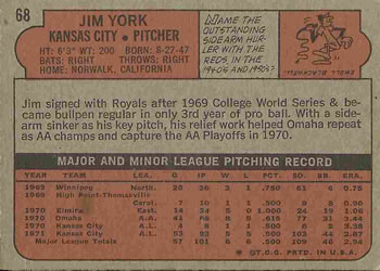 1972 Topps #68 Jim York Back