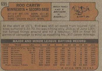 1972 Topps #695 Rod Carew Back