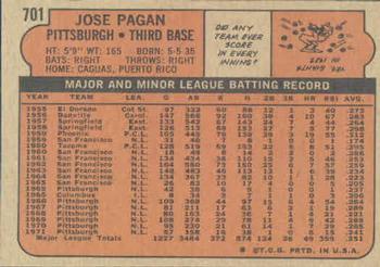 1972 Topps #701 Jose Pagan Back