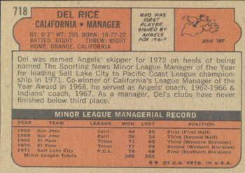 1972 Topps #718 Del Rice Back