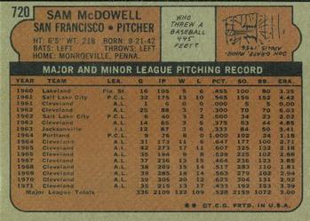 1972 Topps #720 Sam McDowell Back