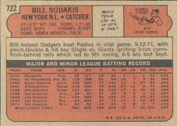 1972 Topps #722 Bill Sudakis Back