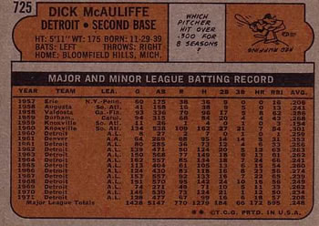 1972 Topps #725 Dick McAuliffe Back