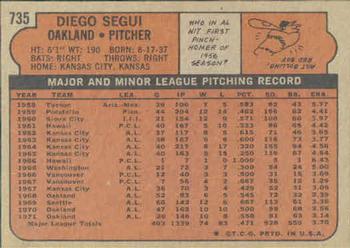 1972 Topps #735 Diego Segui Back
