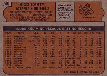 1972 Topps #740 Rico Carty Back