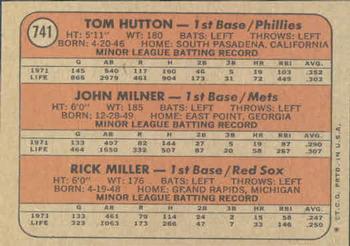 1972 Topps #741 A.L.-N.L. 1972 Rookie Stars (Tom Hutton / John Milner / Rick Miller) Back