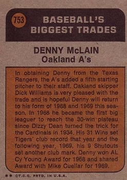1972 Topps #753 Denny McLain Back