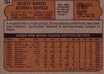 1972 Topps #764 Dusty Baker Back