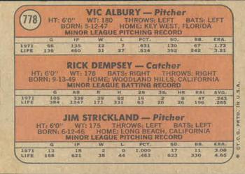 1972 Topps #778 Twins 1972 Rookie Stars (Vic Albury / Rick Dempsey / Jim Strickland) Back