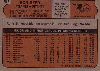 1972 Topps #787 Ron Reed Back