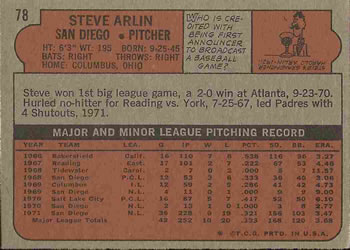 1972 Topps #78 Steve Arlin Back