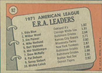 1972 Topps #92 1971 A.L. E.R.A. Leaders (Vida Blue / Wilbur Wood / Jim Palmer) Back
