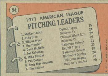 1972 Topps #94 1971 A.L. Pitching Leaders (Mickey Lolich / Vida Blue / Wilbur Wood) Back
