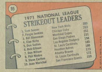 1972 Topps #95 1971 N.L. Strikeout Leaders (Tom Seaver / Fergie Jenkins / Bill Stoneman) Back