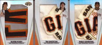 2012 Topps Triple Threads - Jumbo Patch Combos #TTJPC-2 Buster Posey / Tim Lincecum / Pablo Sandoval Front
