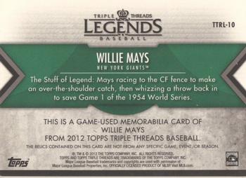 2012 Topps Triple Threads - Legend Relics Emerald #TTRL-10 Willie Mays Back