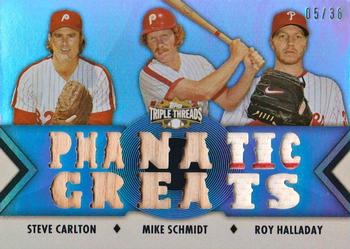 2012 Topps Triple Threads - Relic Combos #TTRC-10 Steve Carlton / Mike Schmidt / Roy Halladay Front