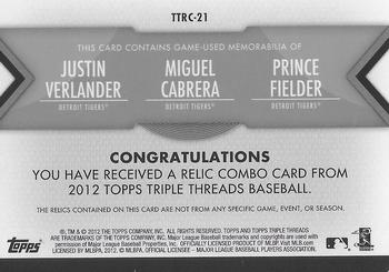 2012 Topps Triple Threads - Relic Combos #TTRC-21 Justin Verlander / Miguel Cabrera / Prince Fielder Back