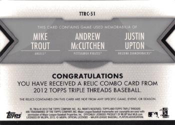 2012 Topps Triple Threads - Relic Combos #TTRC-51 Mike Trout / Andrew McCutchen / Justin Upton Back