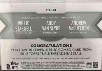 2012 Topps Triple Threads - Relic Combos #TTRC-58 Willie Stargell / Andy Van Slyke / Andrew McCutchen Back