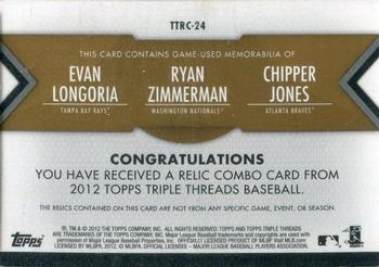 2012 Topps Triple Threads - Relic Combos Gold #TTRC-24 Evan Longoria / Ryan Zimmerman / Chipper Jones Back
