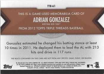 2012 Topps Triple Threads - Relics Sepia #TTR-61 Adrian Gonzalez Back