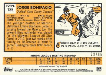 2012 Topps Heritage Minor League - Black #189 Jorge Bonifacio Back