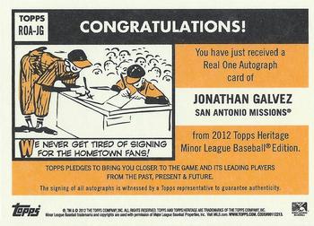 2012 Topps Heritage Minor League - Real One Autographs #ROA-JG Jonathan Galvez Back