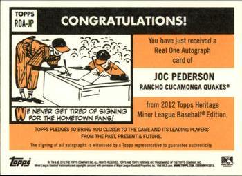 2012 Topps Heritage Minor League - Real One Autographs #ROA-JP Joc Pederson Back
