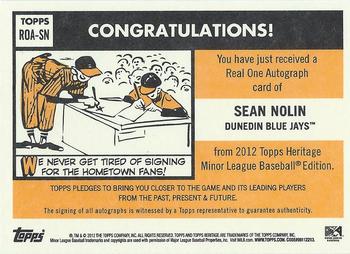 2012 Topps Heritage Minor League - Real One Autographs #ROA-SN Sean Nolin Back