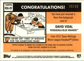 2012 Topps Heritage Minor League - Real One Autographs Black #ROA-DV David Vidal Back