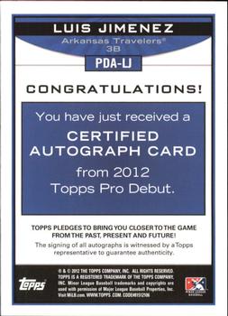 2012 Topps Pro Debut - Autographs #PDA-LJ Luis Jimenez Back