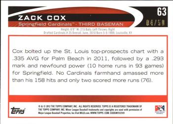 2012 Topps Pro Debut - Gold #63 Zack Cox Back
