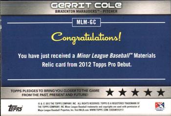 2012 Topps Pro Debut - Minor League Materials #MLM-GC Gerrit Cole Back