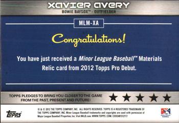 2012 Topps Pro Debut - Minor League Materials #MLM-XA Xavier Avery Back