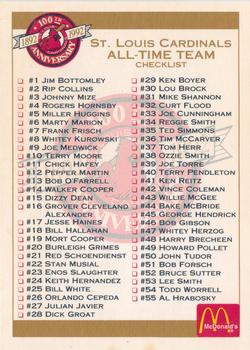 1992 Pacific McDonald's St. Louis Cardinals #NNO Checklist Front