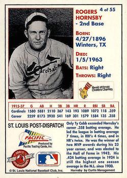 1992 Pacific McDonald's St. Louis Cardinals #4 Rogers Hornsby Back