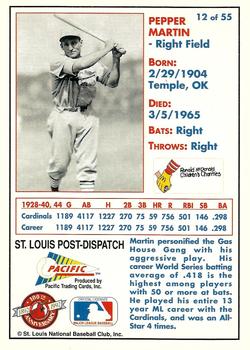 1992 Pacific McDonald's St. Louis Cardinals #12 Pepper Martin Back