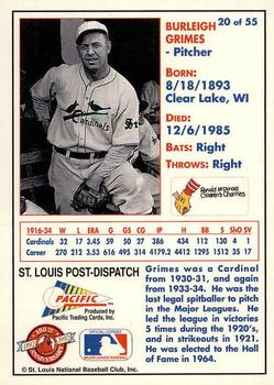 1992 Pacific McDonald's St. Louis Cardinals #20 Burleigh Grimes Back